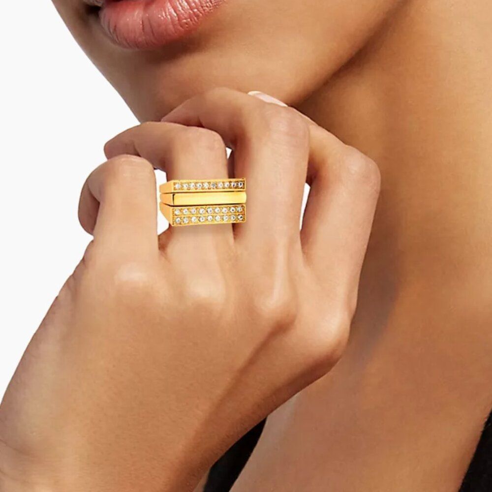 Kenneth Jay Lane NIB NWT 3-piece 22K Gold-Plated & Glass Crystal Ring Set - 5